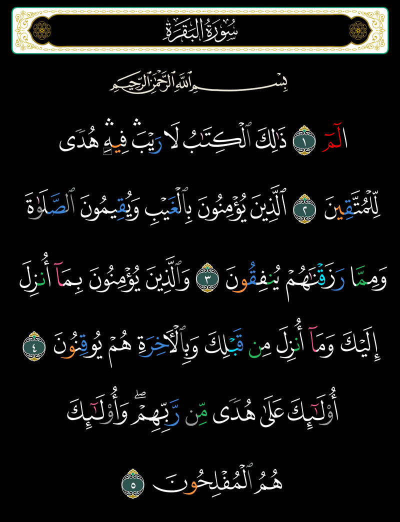 Madinah mushaf in Criterion's Night theme, showing Al-Baqarah 2:1-5.